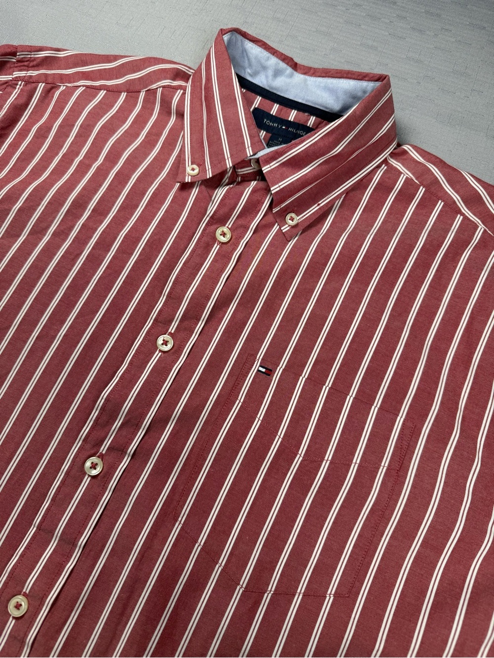 Tommy Hilfiger Men's Burgundy and White Striped Button-Down Shirt Size Medium‎
